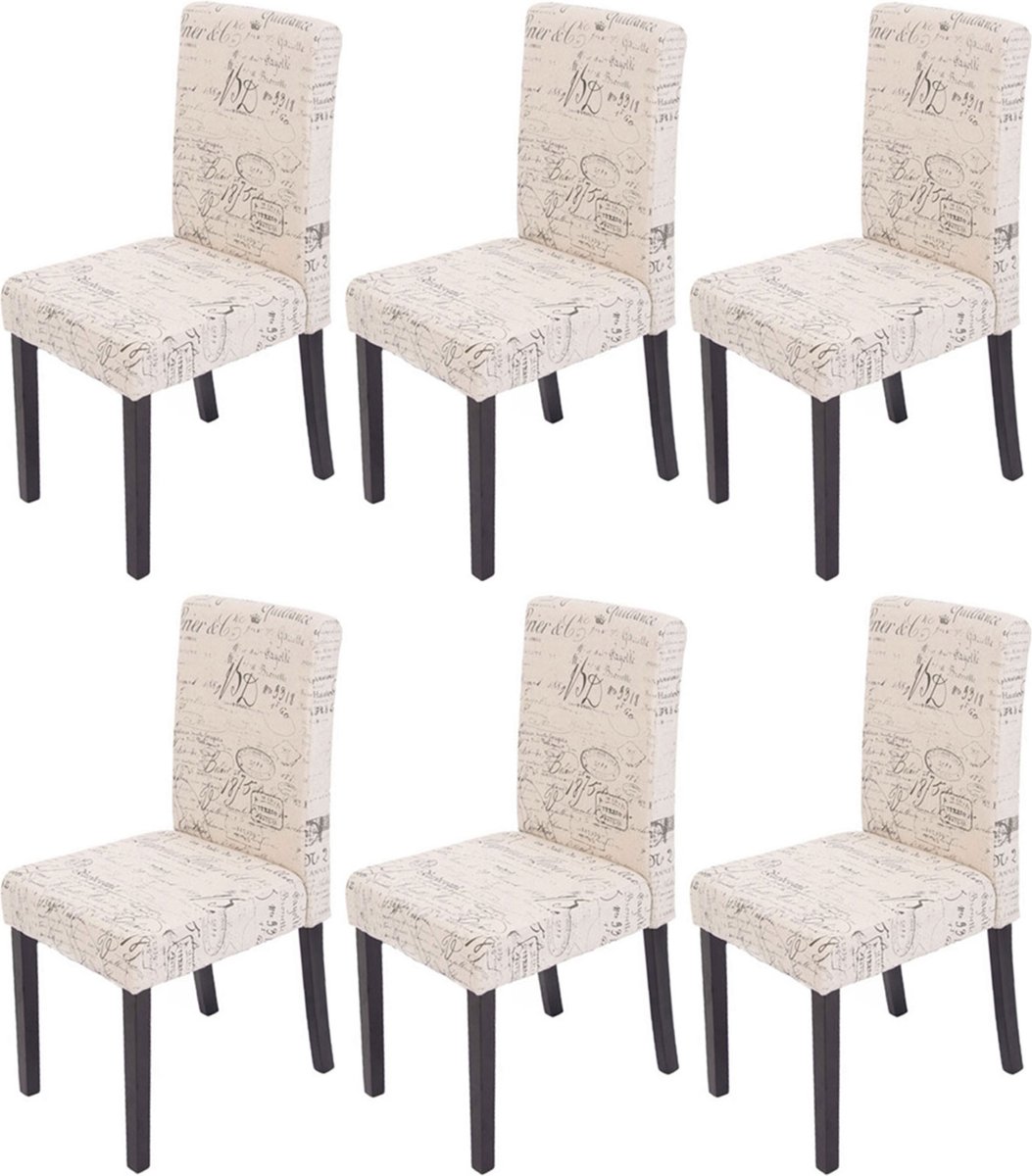 Cosmo Casa 6-delige Eetkamerstoelen Set - Littau Keukenstoelen - Textiel met Opschrift - Crème - Donkere Poten