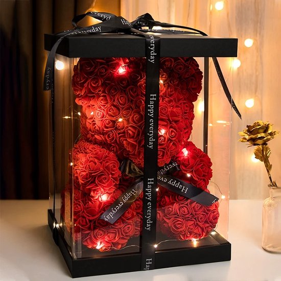 Grijze Teddybeer met Rode Hart in een Box - Kunstbloem - Valentijnsdag