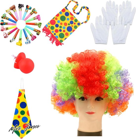 Mrs. Jones Clownskostuum Accessoire 12 Stuks Clown Krultang - Clownsneus - Kleurrijke Stropdas - Handschoenen - Heren Dames Carnaval Ccosplay Halloween .