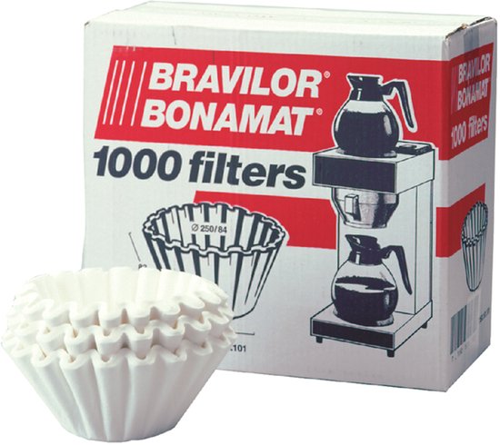 Doos met 1000 witte papieren koffiefilters van Bravilor Bonamat.