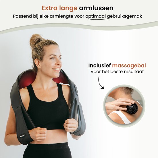 Vrouw met zwart massagekussen om de nek, met rode gloed. Inclusief close-up van massagebal op de nek.