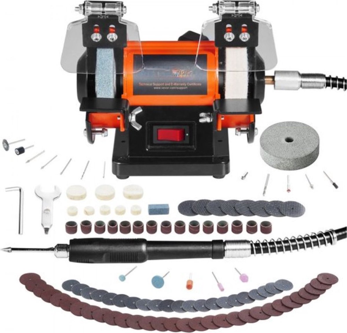 Dubbele slijper dubbele slijper 3590 RPM 150 mm, 50 W professionele slijper tafelslijper met spatbescherming incl. 3 polijstschijven Steeksleutel 100 stuks boor, slijper dubbele slijper