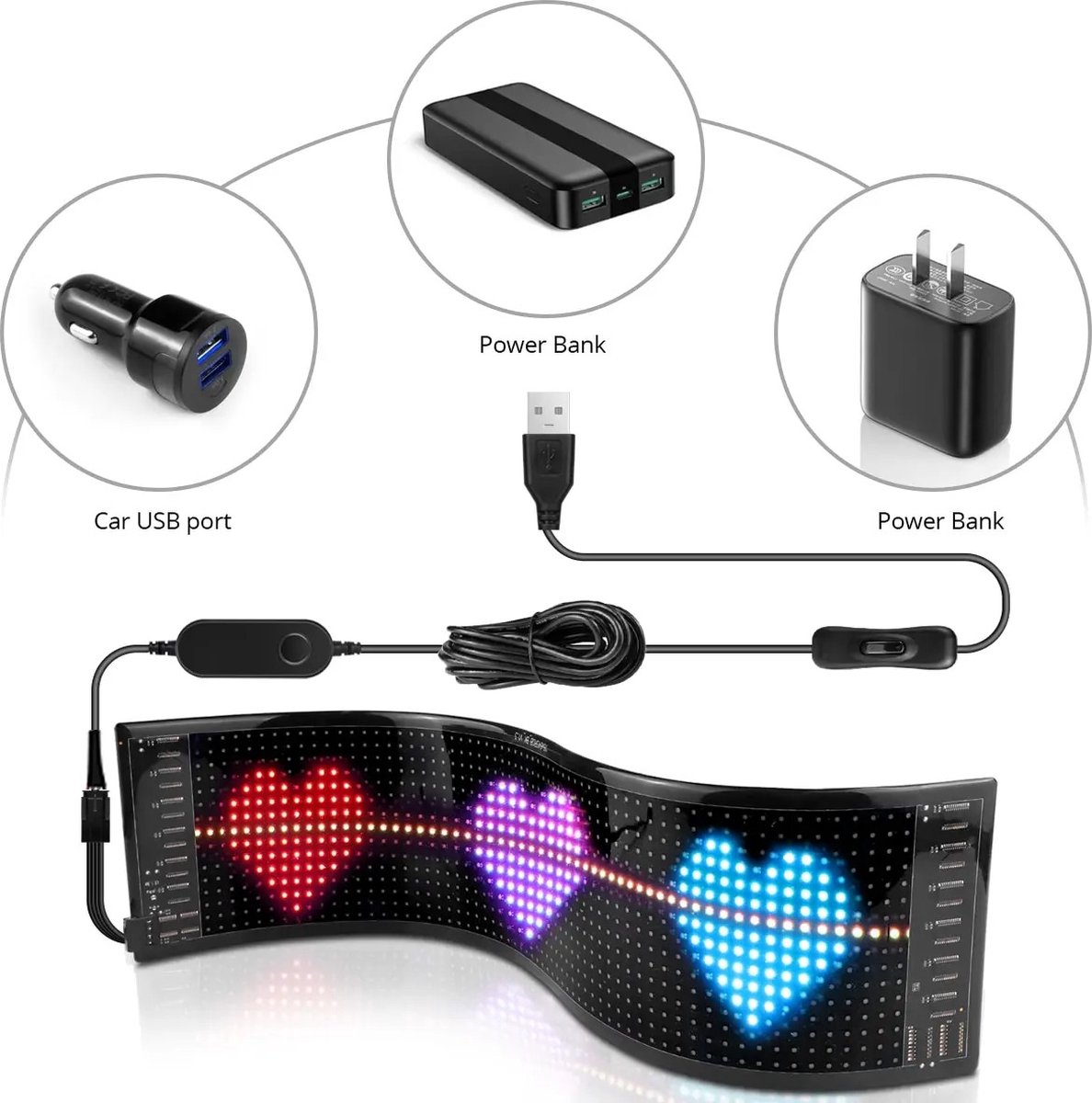 FIBILA Scrollende Reclame Bord - Lichtreclame - Reclame Bord - USB 5V Bluetooth App Controle - Aangepaste Tekst, Patroon & Animatie - Waterdichte Flexibele LED Bord voor Auto, Winkel, Advertentie