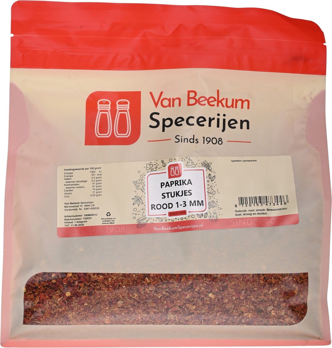 Goedkoopste Van Beekum Specerijen - Paprika Stukjes Rood 1-3 mm - 1 kilo (hersluitbare stazak