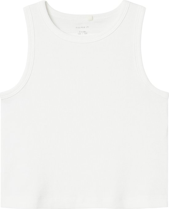 Witte ribtanktop voor meisjes, voorkant met merklabel.