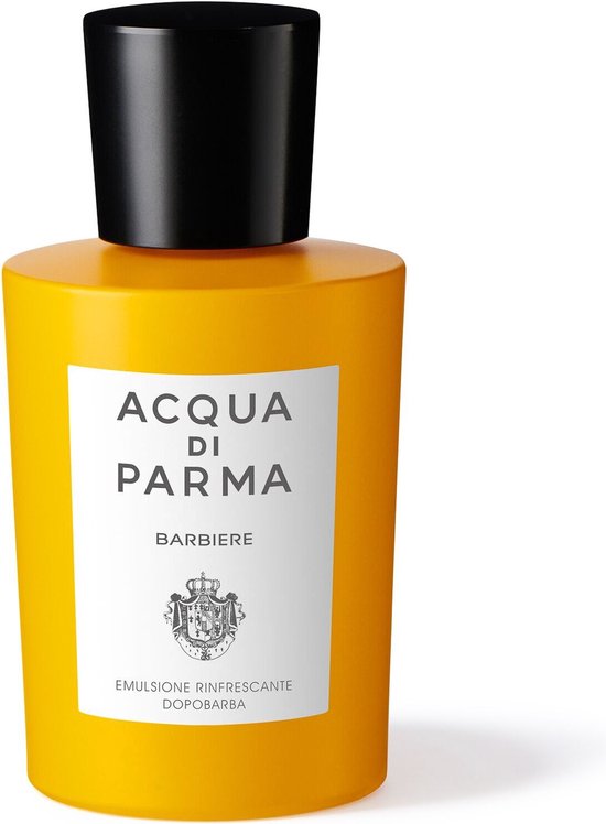 Gele fles met een wit etiket van Acqua di Parma Barbiere, verfrissende aftershave emulsie.