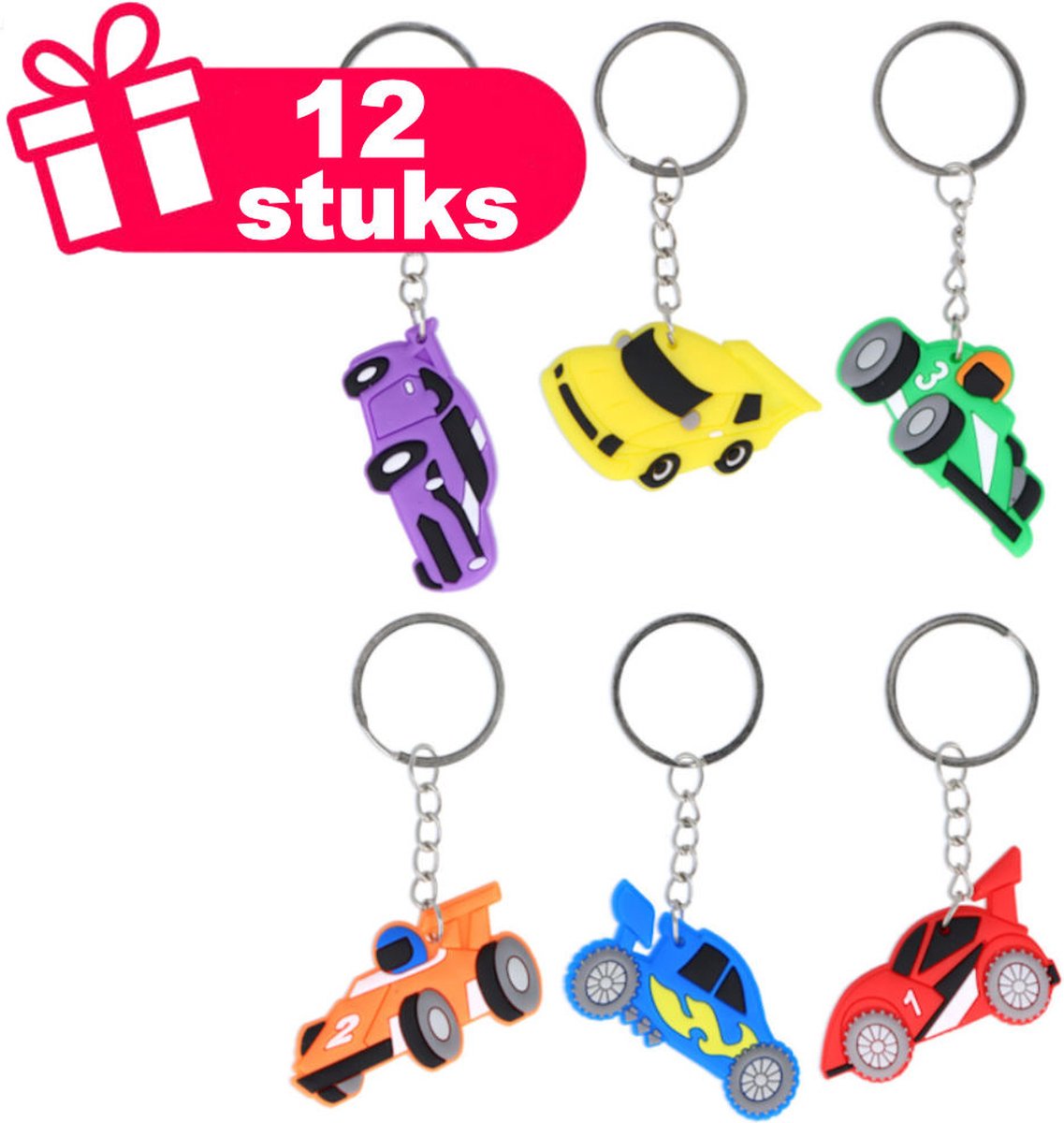 Henbrandt - 12 Stuks Mix Sportauto's / Auto's Sleutelhangers - Traktatie uitdeelcadeautjes voor kinderen & peuters - Traktaties en kinderverjaardagen - Klein grabbelton speelgoed voor in traktatie uitdeelzakjes