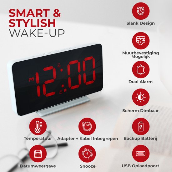 Witte digitale wekker met groot, dimbaar rood display dat 12:00 toont. Met functies zoals temperatuur, datum, dual alarm en USB-poort.