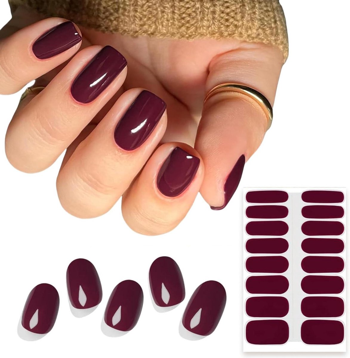 Goedkoopste 16 pieces burgundy plum UV nail stickers semi-hardened gel nail strips - UV light required - slightly slimmer and translucent