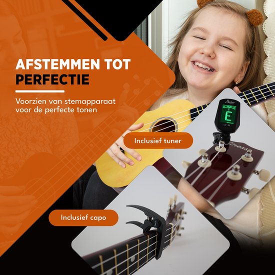 Meisje met beer-oortjes speelt op een naturel Finesse ukulele met stemapparaat. "Afstemmen tot perfectie". Inclusief tuner en capo.