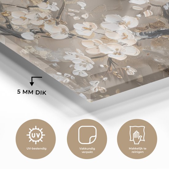 MuchoWow® Tableau sur verre 120x80 cm - Tableau sur verre acrylique - Fleurs - Wit - Or - Beige - Luxe - Photo sur verre - Décoration murale salon - Décoration murale chambre - Peintures
