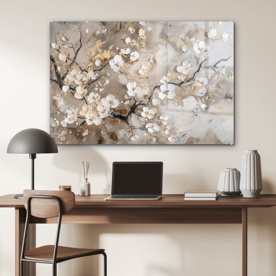 MuchoWow® Tableau sur verre 120x80 cm - Tableau sur verre acrylique - Fleurs - Wit - Or - Beige - Luxe - Photo sur verre - Décoration murale salon - Décoration murale chambre - Peintures