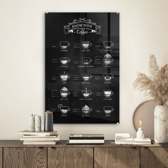 MuchoWow® Peinture sur verre 40x60 cm - Peinture sur verre acrylique - Types de Café - Tableau texte - Zwart - Cappuccino - Espresso - Latte macchiato - Photo sur verre - Décoration murale salon - Décoration murale chambre - Peintures