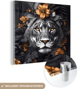 MuchoWow® Tableau sur verre 50x50 cm - Tableau sur verre acrylique - Tigre - Zwart et blanc - Or - Fleurs - Botanique - Photo sur verre - Décoration murale salon - Décoration murale chambre - Peintures