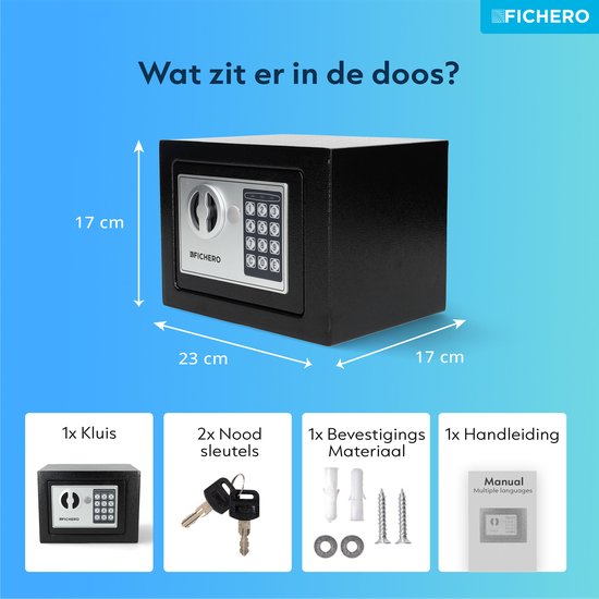 Elektronische Kluis Staal - Kluisje met Cijferslot - Geldkluis - 23 x 17 x 17 cm - 4,5 L - Vaderdag Cadeau voor Papa - Cadeaus voor Hem - Zwart - Fichero