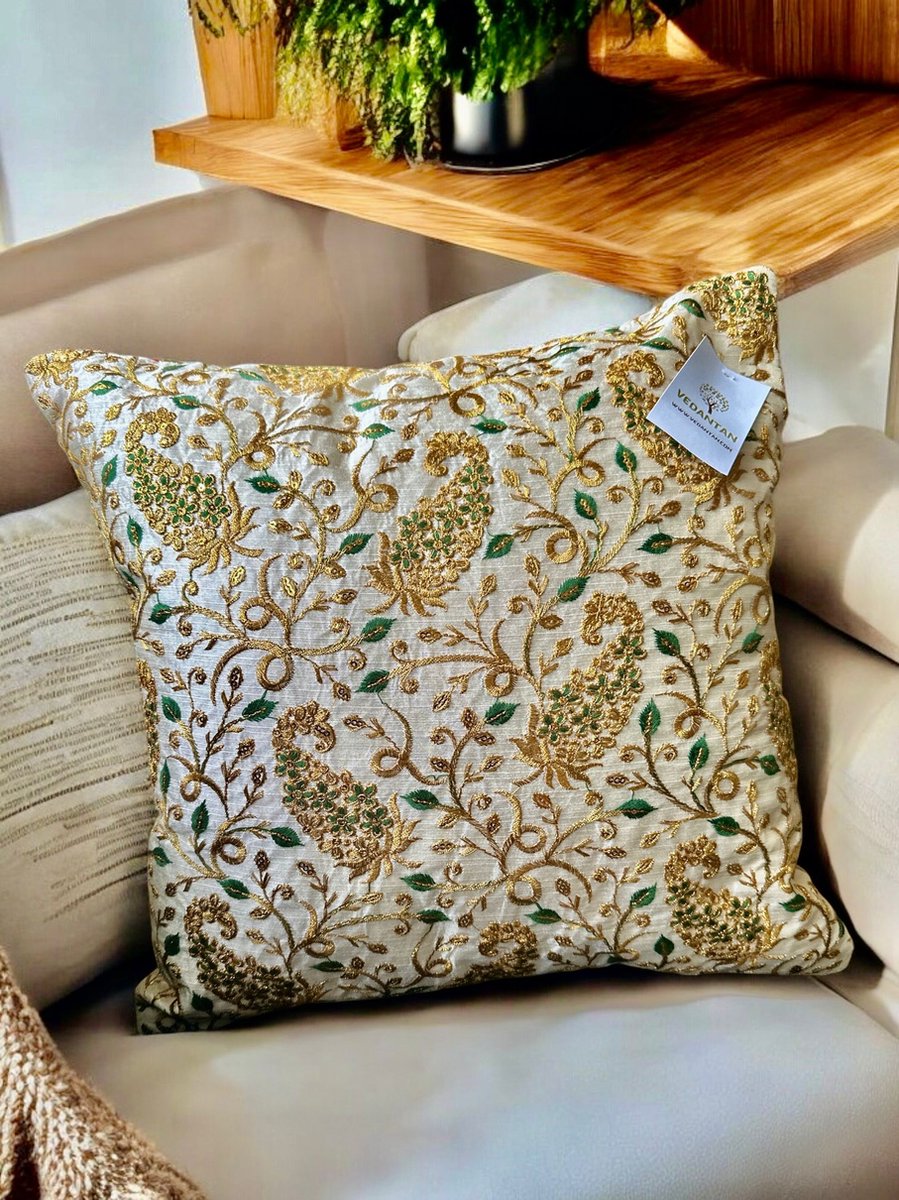 Kussens woonkamer - kussenhoes 40 x 40 cm - kussensloop - sierkussens - cushion cover - katoensilk - Kussenhoesjes - 2 stuks - etnisch Indiaas - borduurwerk - embroidery - Creme wit - gouden - groen