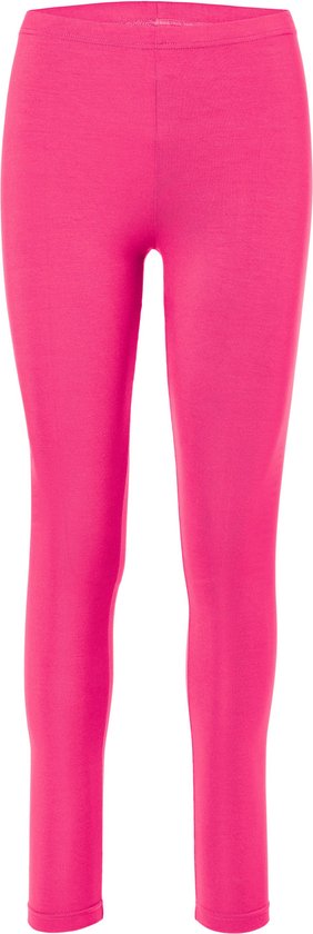 Een lange felroze legging, op een witte achtergrond.