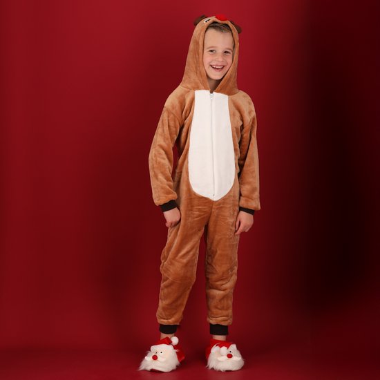 Morethansocks - Kerst onesie - Kids - Bruin - Maat 92/104 - onesie jongens - onesie meisjes - onesie kinderen - onesie pyjama