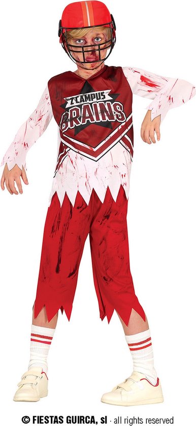 Guirca - Rugby & American Football Kostuum - No Brains Football Speler Zombie Campus Kind Kostuum - Rood, Wit / Beige - 3 - 4 jaar - Halloween - Verkleedkleding