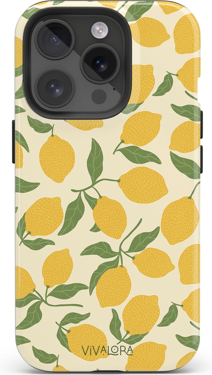 VivaLora Tough Telefoonhoesje iPhone 14 Pro met MagSafe - Lemon Crush Print - 2-in-1 Phone Case - Hard Case & Siliconen Back - Citroenen Dessin - Extra Bescherming - Shockproof - Citroenen Dessin - Geel/Groen