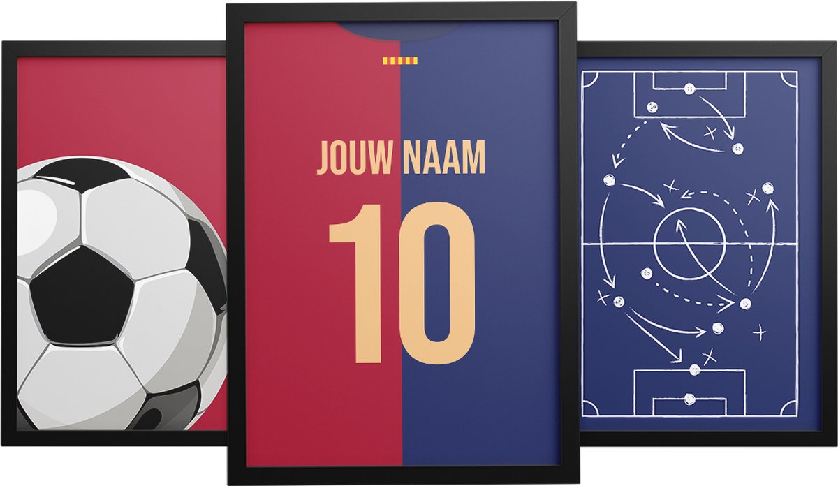 Kleurmedia Barcelona Voetbal Poster - Gepersonaliseerd met jouw naam - 3 Luik - Voetbal Shirt Poster - Formaat 30 x 40 cm - Een uniek voetbal cadeau Barcelona poster