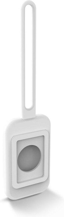Witte bagagelabelhouder met een rechthoekig gat en een ronde uitsparing voor een tracker.