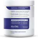 Container van Vitakruid Collageen Solugel Poeder. Ingrediënten: Gehydrolyseerd collageen peptiden (rund), vitamine C, vitamine D3. Bevat geen GMO, gluten, lactose, suiker.
