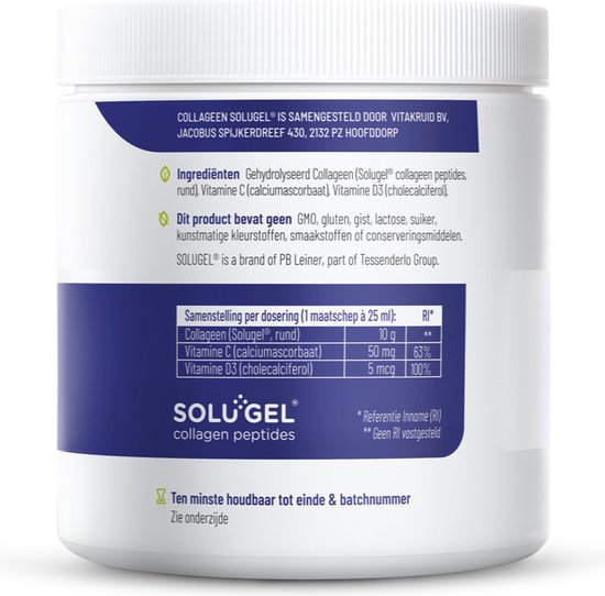 Container van Vitakruid Collageen Solugel Poeder. Ingrediënten: Gehydrolyseerd collageen peptiden (rund), vitamine C, vitamine D3. Bevat geen GMO, gluten, lactose, suiker.