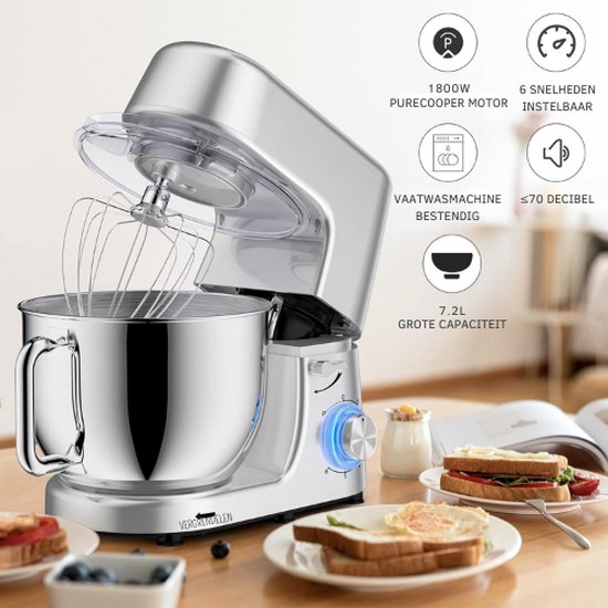 JB® Deegmachine - Deegmixer - Kneedmachine Keukenmachine - Kneedmachine - Deegkneder - Deeghaak - Kneedhaak - Keukenmixer - Keukenmachine - Keukenmixer Met Mengkom - Keukenmixer Machine - 6 Snelheden - 1800W - 7.2 Liter - Vaatwasserbestendig van JB — afbeelding 3
