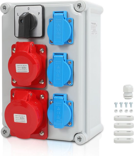 Fiqops Bouwstroomverdeler 32 A, stroomverdeler 4 x 230 V 2 x 16 A CEE 1 x 32 A 400 V CEE, wandverdeler met FI-schakelaar, LS schakelaar