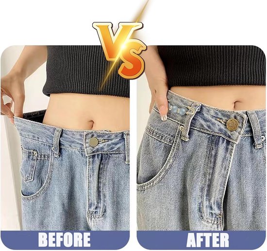 Voor en na foto van een broek die te groot is, aangepast met een speld om de taille strakker te maken.