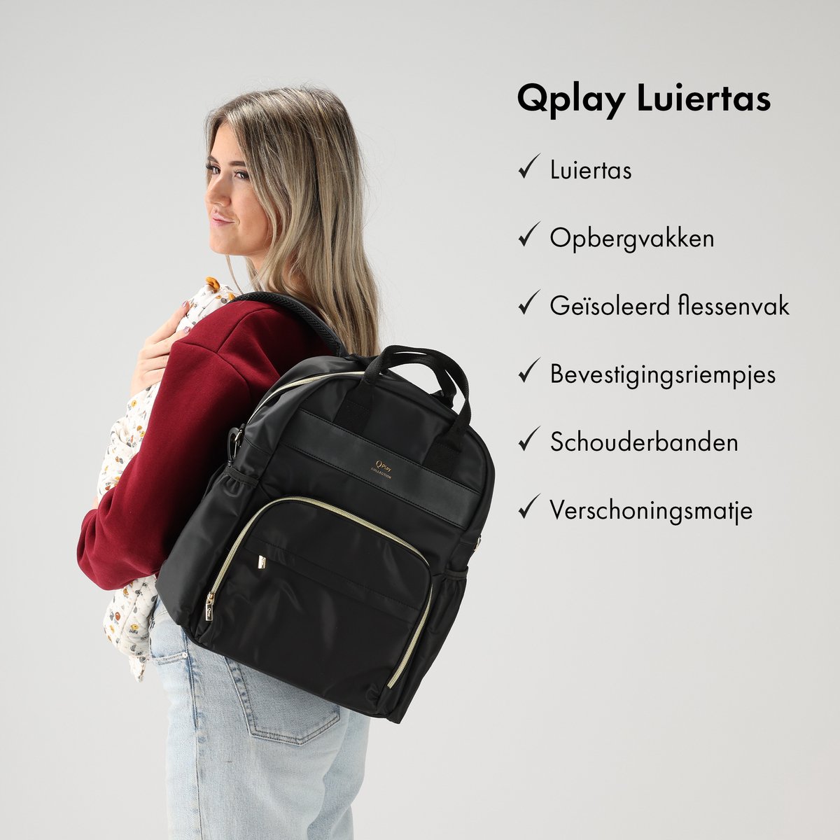 Qplay Luiertas Rugzak - Verzorgingstas Baby Tas - Zwart – foto 2
