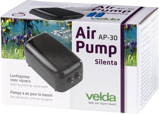 Doos van de Velda AP-30 Silenta luchtpomp met vijverafbeelding en productdetails.