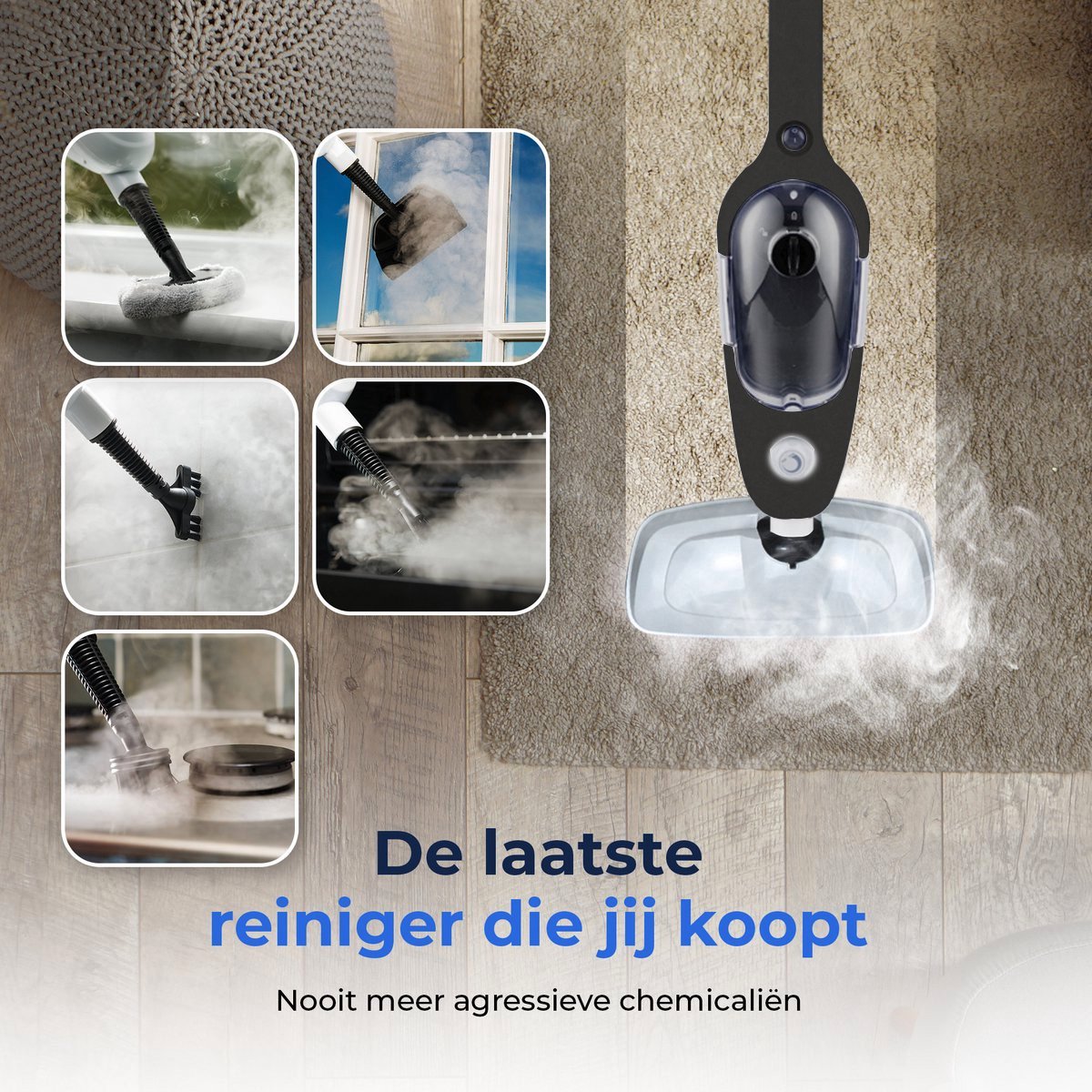 Stoomreiniger 2 in 1 - Handstomer - Vlekkenreiniger - Met 8 Opzetstukken en 4 Microvezeldoeken - Bank, Vloer, Badkamer en Tapijt Reinigen - Zwart thumbnail 7