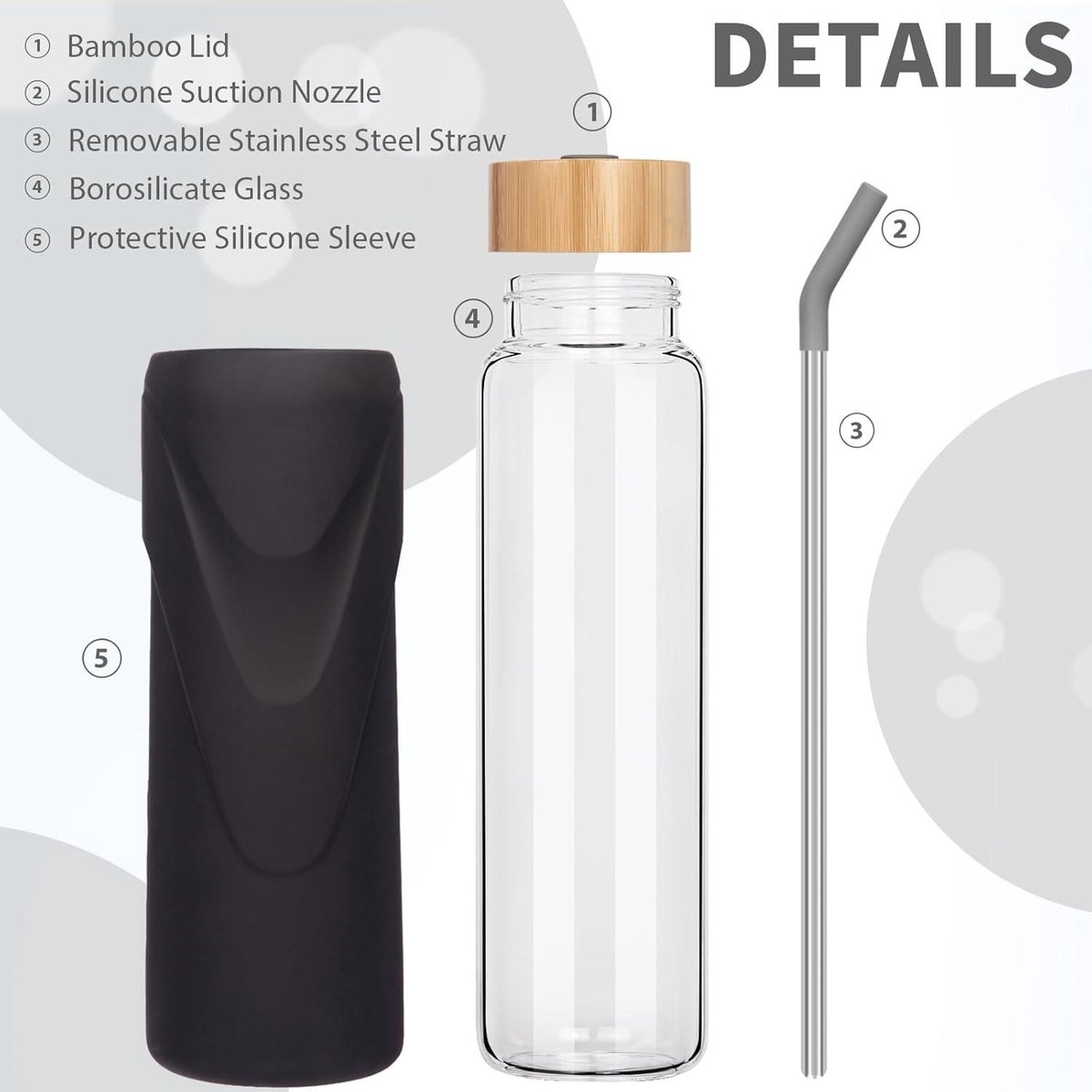 Mrs. Jones Glazen Drinkfles Met Rietje En Bamboedeksel 1 Liter - Waterfles Met Siliconen Hoes .