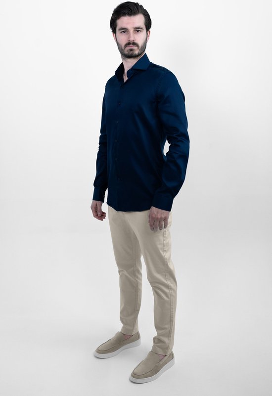Vercate - Chemise Sans Repassage - Marine - Blauw Marine - Coupe Slim Fit - Satin de Katoen - Manches Longues - Homme - Taille 39/M