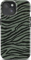 VivaLora Tough Telefoonhoesje iPhone 15 met MagSafe - Wild Lines Zebra Print - 2-in-1 Phone Case - Hard Case & Siliconen Backcover - Extra Bescherming - Shockproof Cover - Zebraprint Groen