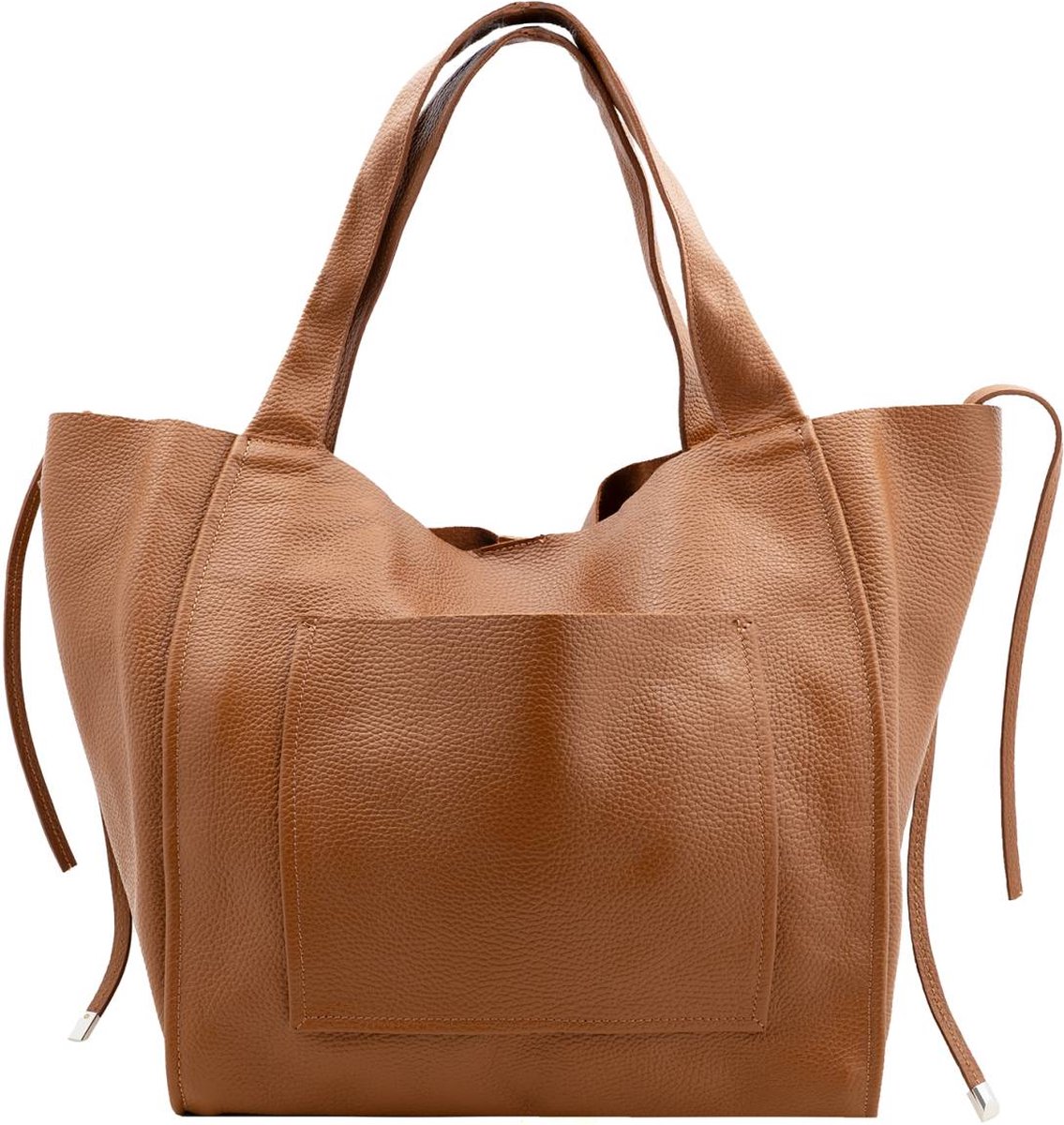 Bruine Ruime Leren Schoudertas - Zacht Leren Schoudertas met Voorvak, Etui & Koordjes - Trendy Leer Dames Tassen - Handtassen - Bruin