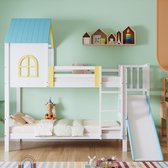 Bol.com Gutent Kinderstapelbed (Zonder matras) met dak en raam Relingen Drie-stappen-ladder Glijbaan grenen + MDF Wit + Blauw 90... aanbieding