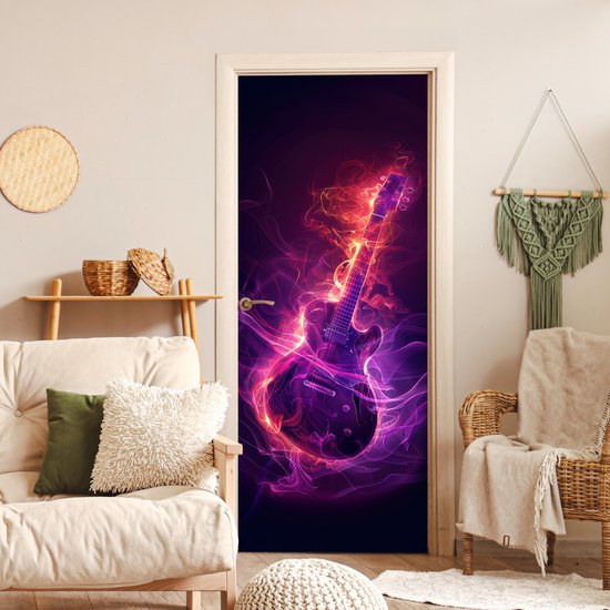 Deurposter 80x205 cm - Deursticker Gitaar - Muziek - Rook - Paars - Meubelfolie zelfklevend - Deurfolie tienerkamer - Interieurfolie kinderkamer - Deur plakfolie - Deurbehang sticker - Kamer decoratie tieners