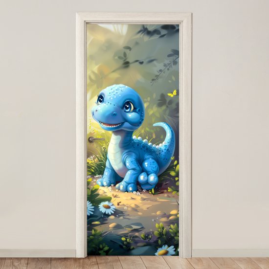 Deurposter 80x205 cm - Deursticker Dino - Blauw - Baby - Dinosaurus - Meubelfolie zelfklevend - Deurfolie kinderkamer - Muurstickers kinderen - Deur plakfolie - Deurbehang sticker - Babykamer decoratie accessoires