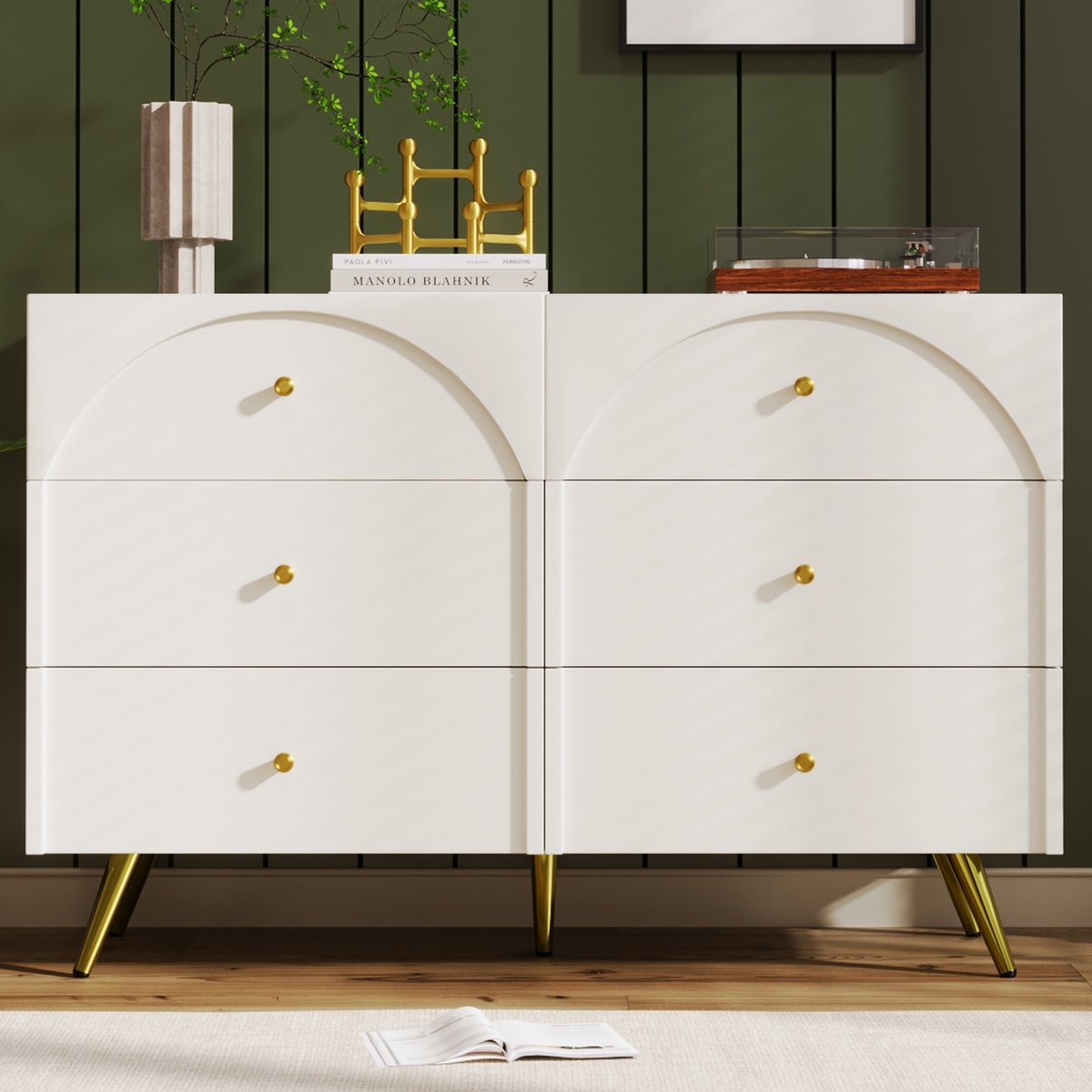 Gutent Ladekast met 6 laden, Highboard voor Slaapkamer en alle woonkamers, Crèmekleur, H85/B120/T40 cm