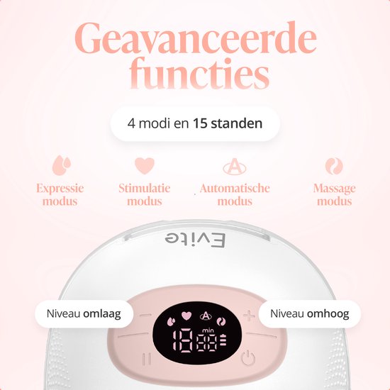 Evite Elektrische Draadloze Borstkolf Nova – Handsfree & Draagbaar – BPA-Vrij – Dubbele Borstkolf - Met E-Book – Inclusief Tas - Wit & Roze