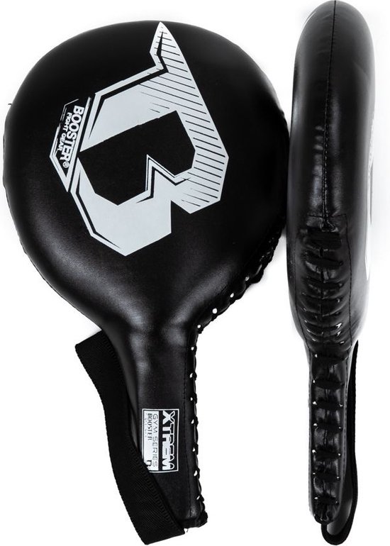 Twee zwarte Booster XTREM F4 trainingspaddles. Eén van voren met wit logo, de ander van de zijkant.