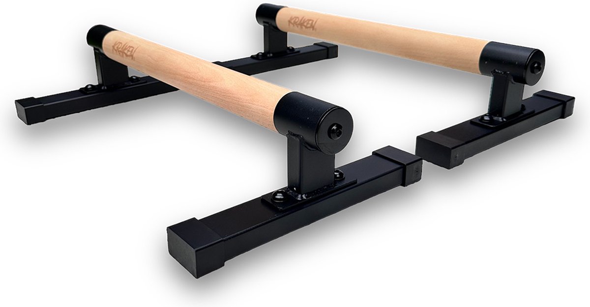 KRAKEN Parallettes 10 CM - Push Up Bars Opdruksteunen - Dip Bars Calisthenics - Houten Beukenhout Grip 4 cm Diameter - Poedergecoat Staal Frame - Max. 150 kg Belastbaar - Anti-Slip Voetjes - Bodyweight Training - Turnen, L-sit, Dips en Krachttraining