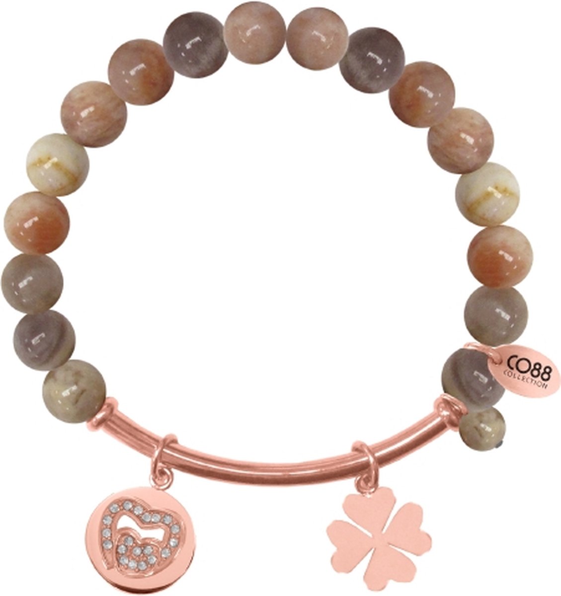 CO88 Collection Beloved 8CB-50005 Rekarmband met Stalen Elementen - Zirkonia Hart en Klaver - Jade Natuursteen 8 mm - One-size - Bruin