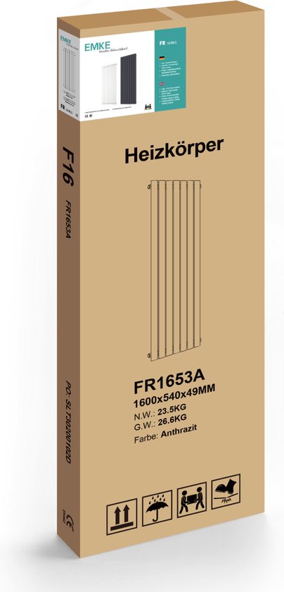 Verpakking van een verticale radiator in antracietkleur, 1600x540x49mm, met de tekst "Heizkörper" en "FR1653A".