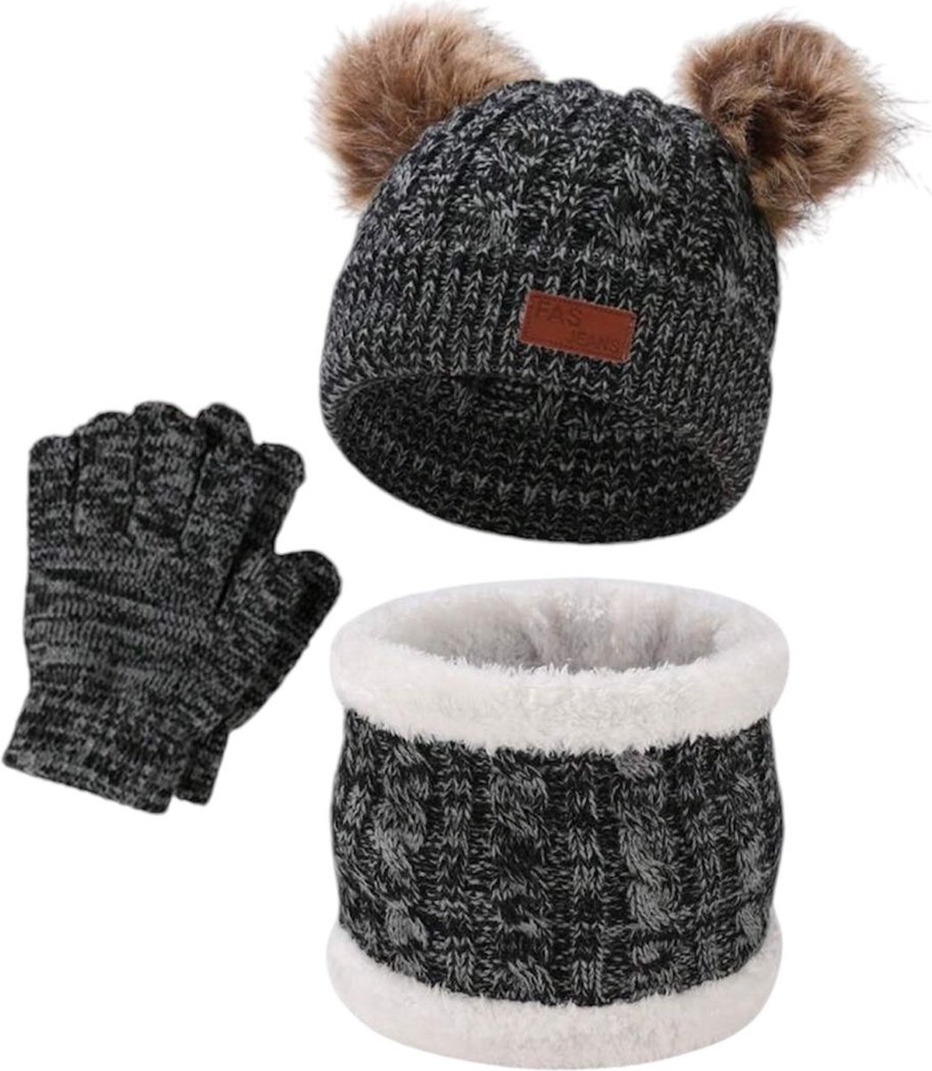 Muts, sjaal en handschoenen - grijs/zwart - met twee grote pompons - kind - peuter - kleuter