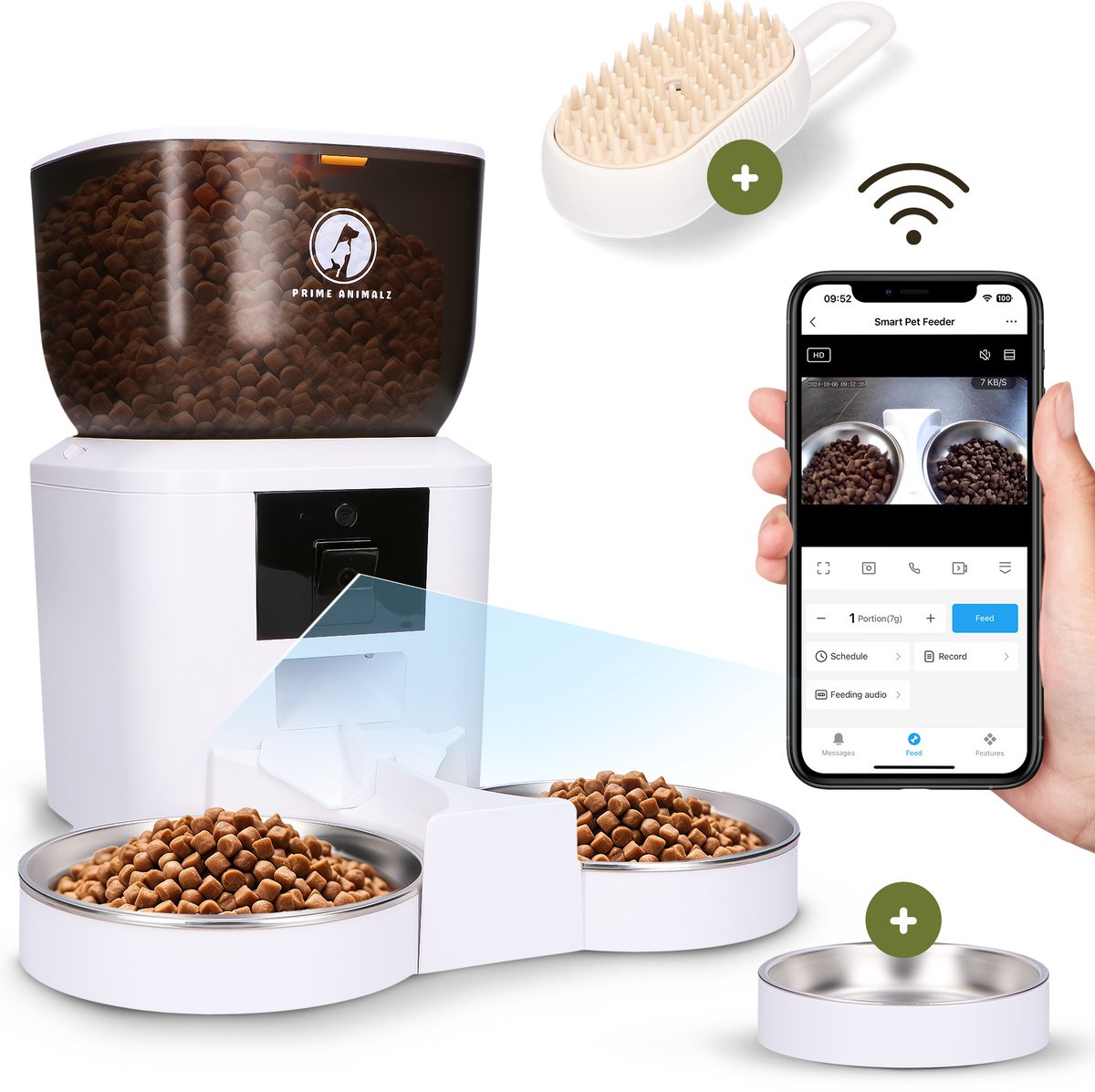 Prime AnimalZ Automatische Voerbak Dubbel met stoomborstel voor kat en hond - Voerautomaat Dispenser - voerbak kat Enkel en dubbel - met Camera - Full HD 1080P Camera met night vision - Two-way Audio - 4L- Wit - Prime - €129,95