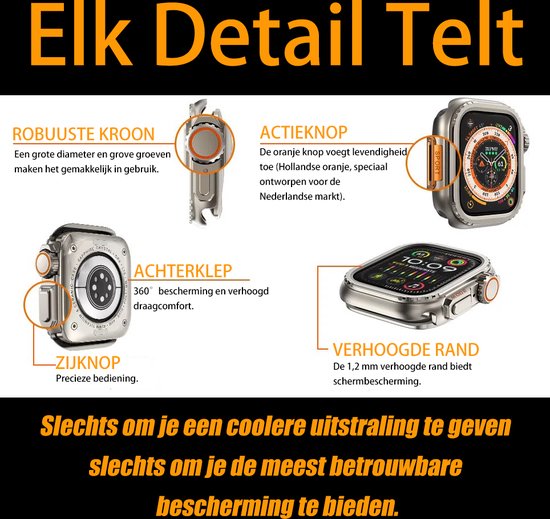 Illustratie van een robuuste smartwatch case met oranje accenten, details van de kroon, knoppen en achterkant.